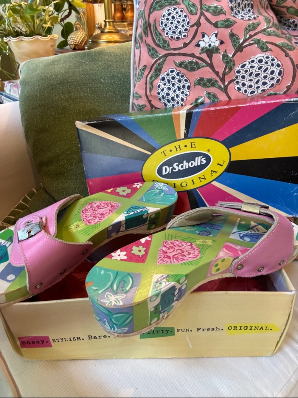 Dr. Scholl's custom hand painted Lilly Pink and Green Floral Platform Clogs